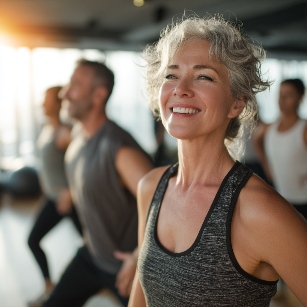 Middle-aged adults exercising in modern fitness studio with natural lighting