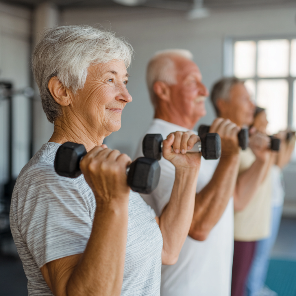 Senior adults participating in fitness class showing strength and vitality